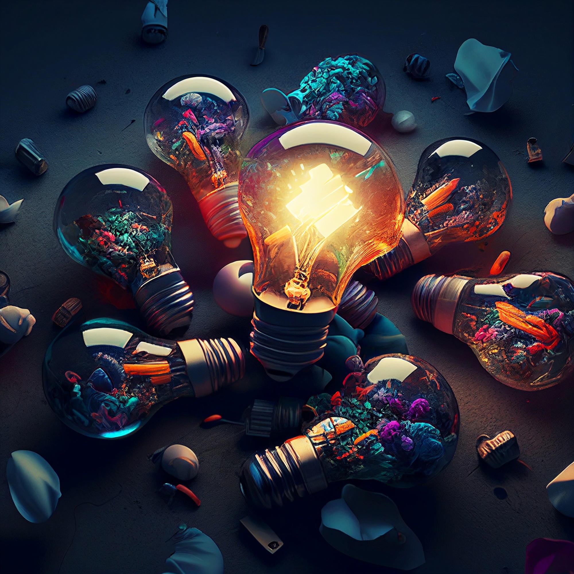 A lot of creative light bulbs on the desktop and one light bulb glows brightly. Creative