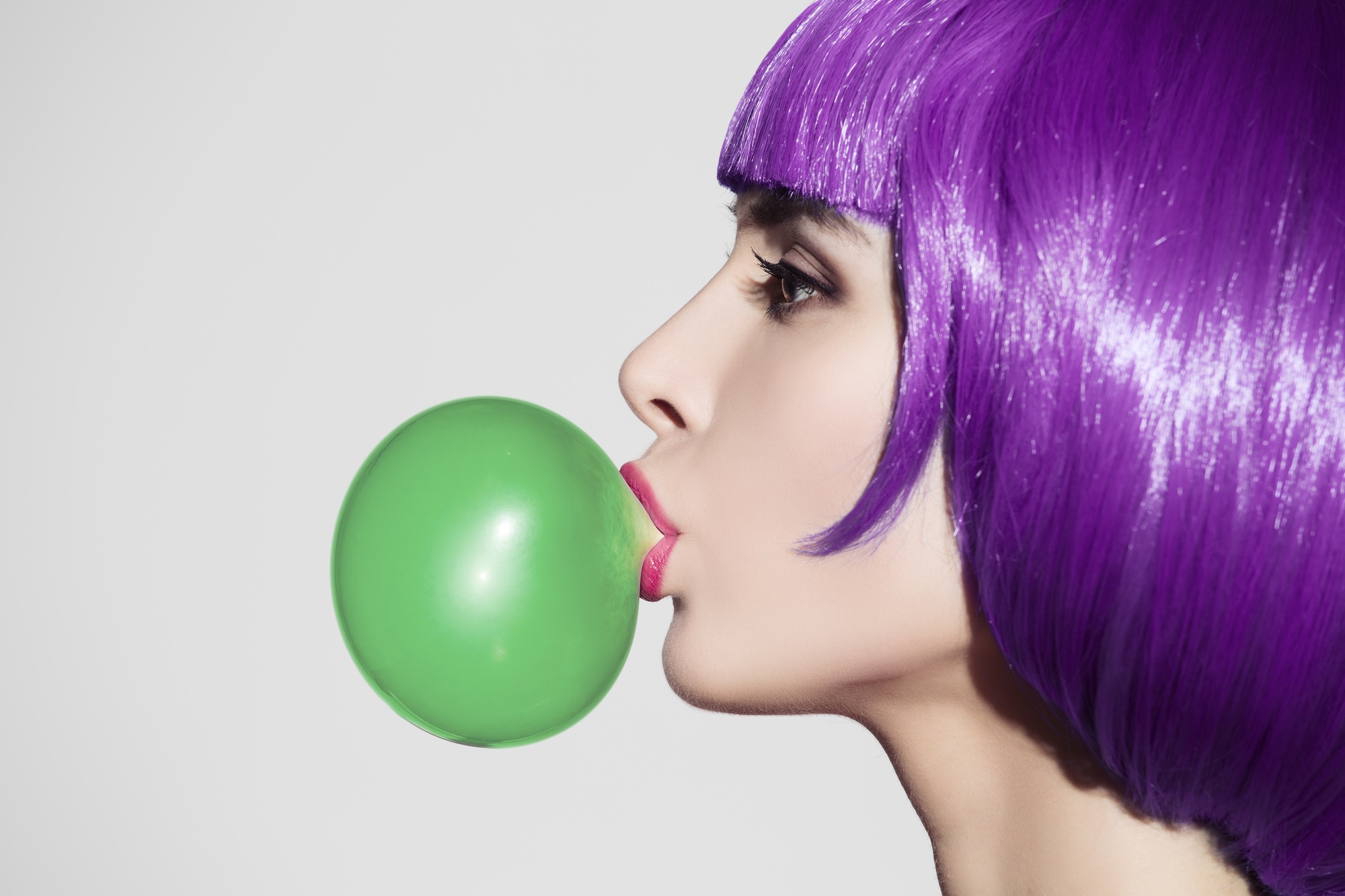 Pop Art Woman Portrait Wearing Purple Wig. Blow A Green Bubble